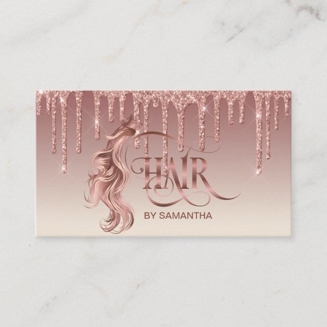 Hair stylist rose gold typography hair extension business card (Front)