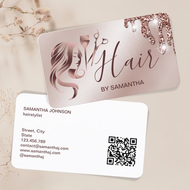 Hair stylist rose gold typography hair QR Code Business Card (Creator Uploaded)