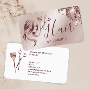 Hair stylist rose gold typography hair scissors bu business card