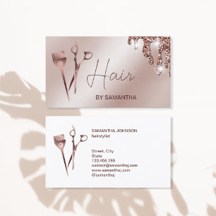 Hair stylist rose gold typography hair scissors bu business card