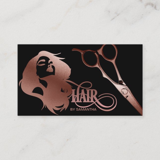 Hair stylist rose gold typography hair scissors business card (Front)