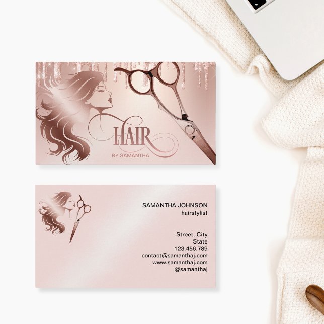 Hair stylist rose gold typography hair scissors business card (Creator Uploaded)