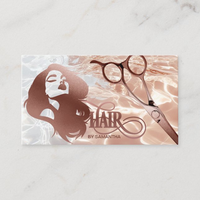 Hair stylist rose gold typography hair scissors business card (Front)