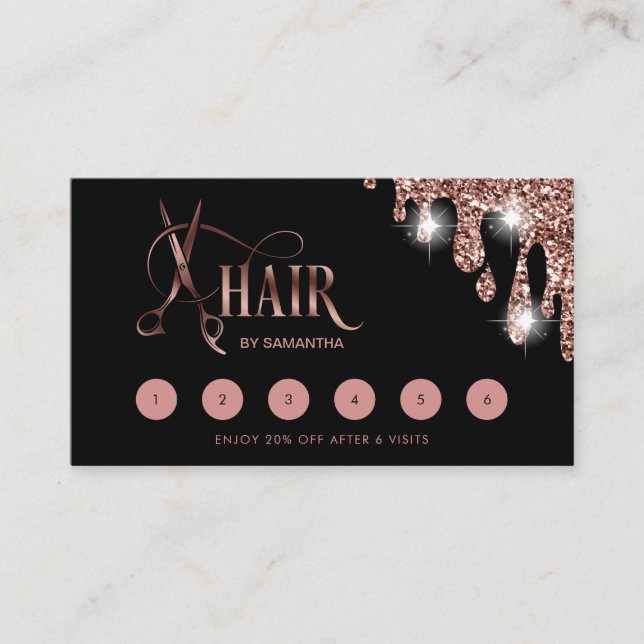 Hair stylist rose gold typography hair scissors business card (Front)