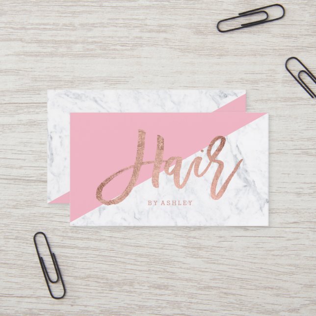 Hair stylist rose gold typography pink marble business card (Front/Back In Situ)