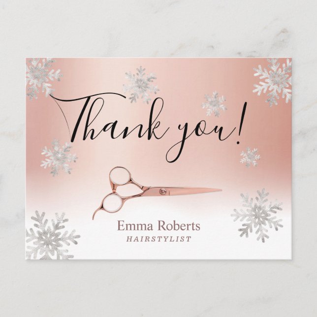 Hair Stylist Rose Gold Winter Snowflakes Thank You Postcard (Front)
