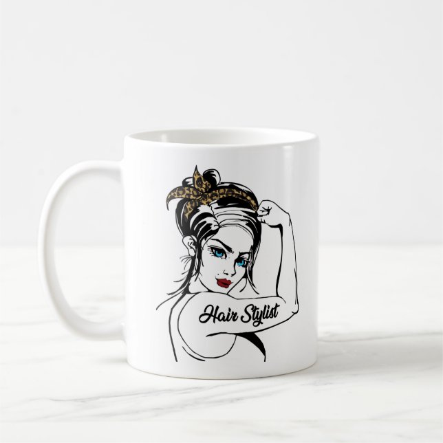Hair Stylist Rosie The Riveter Leopard Cheetah Coffee Mug (Left)