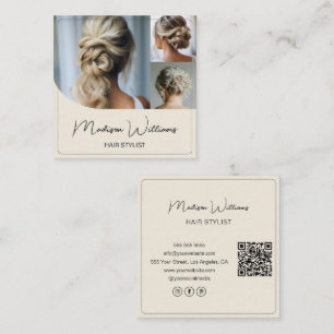 Hair Stylist Salon 3 Photos QR Cream Square Business Card