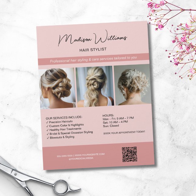 Hair Stylist Salon 3 Photos QR Pink Flyer (Hair Stylist Salon 3 Photos QR Pink Flyer)