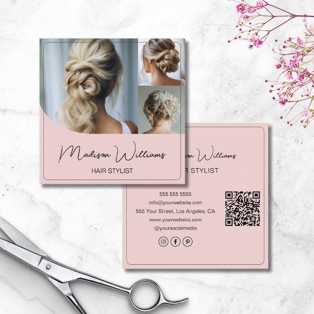 Hair Stylist Salon 3 Photos QR Pink Square Business Card (Hair Stylist Salon 3 Photos QR Pink Square Business Card)