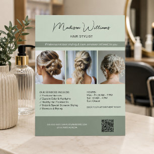 Hair Stylist Salon 3 Photos QR Sage Green Flyer