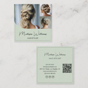 Hair Stylist Salon 3 Photos QR Sage Green Square Business Card