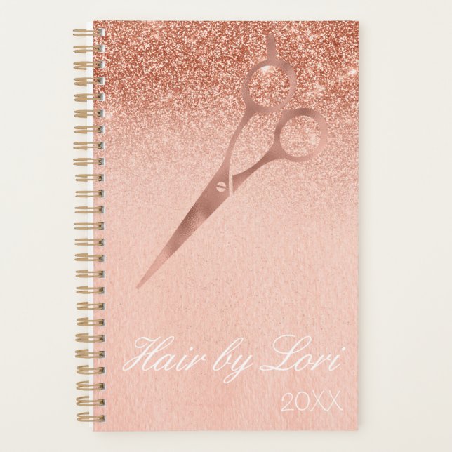 Hair Stylist Salon Business Rose Gold Scissors Planner (Front)