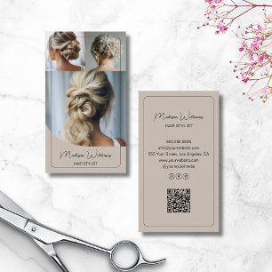 Hair Stylist Salon Custom 3 Photos QR Code Beige Business Card