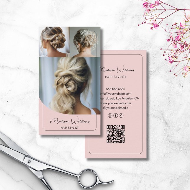 Hair Stylist Salon Custom 3 Photos QR Pink Business Card (Hair Stylist Salon Custom 3 Photos QR Pink Business Card)