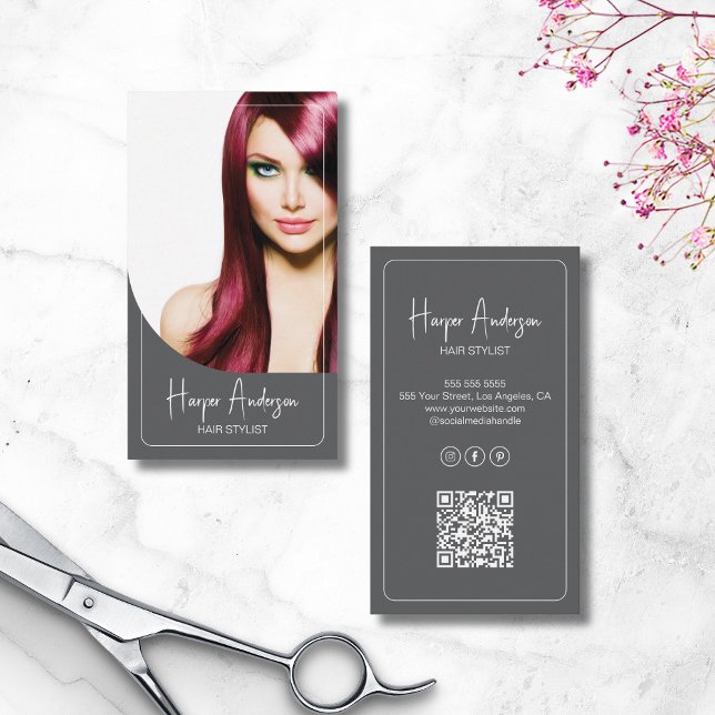 Hair Stylist Salon Custom Photo QR Grey Business Card (Hair Stylist Salon Custom Photo QR Gray Business Card)