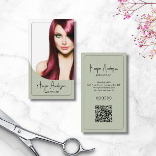 Hair Stylist Salon Custom Photo QR Sage Green Business Card