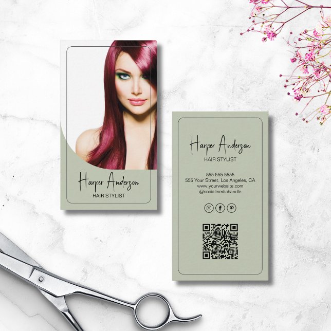 Hair Stylist Salon Custom Photo QR Sage Green Business Card (Hair Stylist Salon Custom Photo QR Sage Green Business Card)
