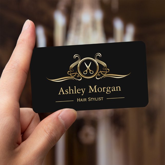 Hair Stylist Salon Gold Luxury Scissors Logo Business Card (Creator Uploaded)