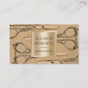 Hair Stylist Salon Gold Scissor Vintage Kraft Business Card