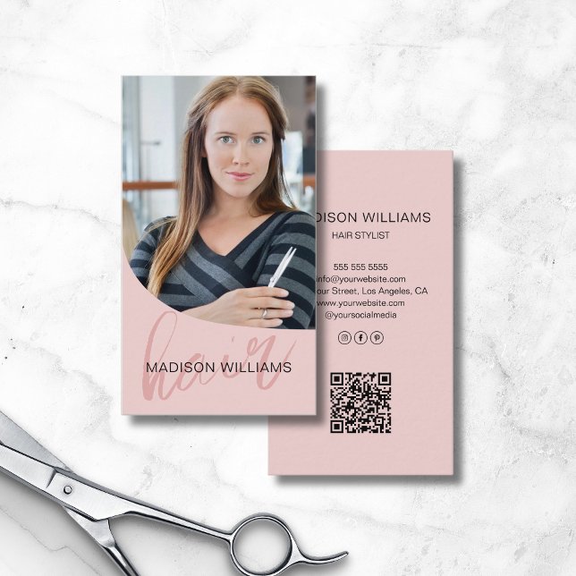 Hair Stylist Salon Photo QR Pink Business Card (Hair Stylist Salon Photo QR Pink Business Card)