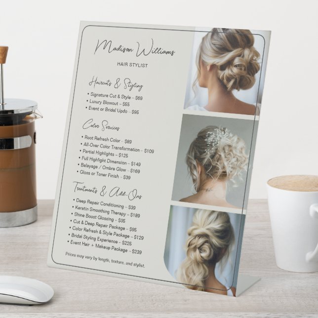 Hair Stylist Salon Services Price List Neutral Pedestal Sign (In SItu)