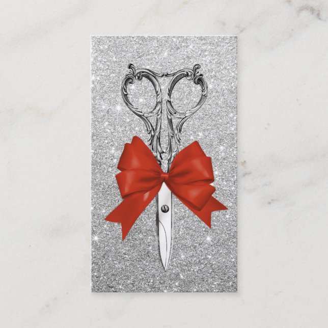 Hair Stylist Scissor & Bow Modern Silver Salon Business Card (Front)