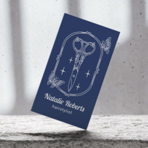 Hair Stylist Scissor & Butterfly Navy Blue Salon Business Card