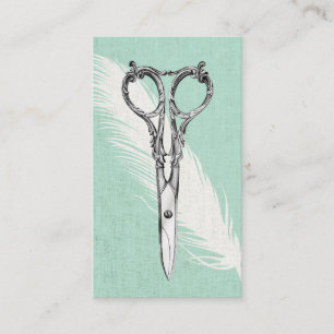 Hair Stylist Scissor & Feather Classy Linen Modern Business Card