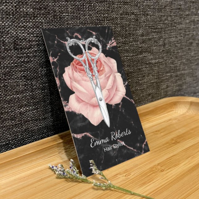 Hair Stylist Scissor & Flower Rose Gold Marble Business Card (Creator Uploaded)