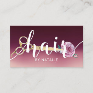 Hair Stylist Scissor & Flower Typography Burgundy Business Card