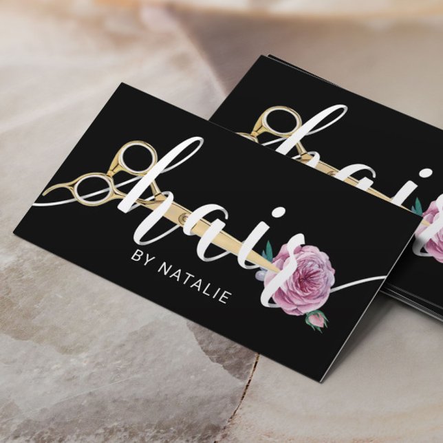 Hair Stylist Scissor & Flower Typography Salon Business Card (Creator Uploaded)