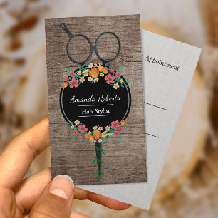 Hair Stylist Scissor & Flowers Wood Appointment Card