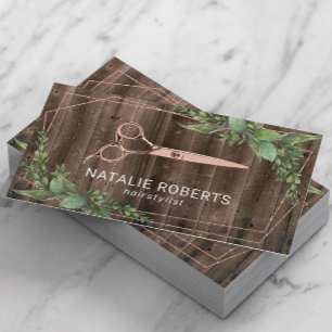 Hair Stylist Scissor Geometric Greenery Wood Business Card