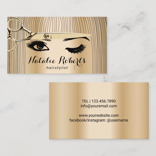 Hair Stylist Scissor & Girl Salon Modern Gold  Business Card (Front/Back)