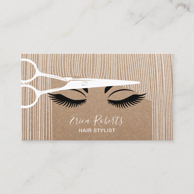 Hair Stylist Scissor & Girl Salon Rustic Kraft Business Card (Front)