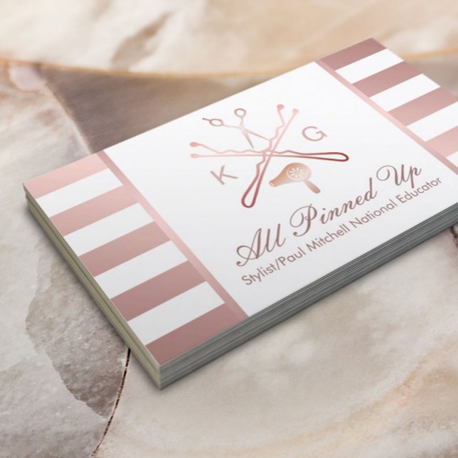 Hair Stylist Scissor Hair Dryer Rose Gold Stripe 2 Business Card (Creator Uploaded)