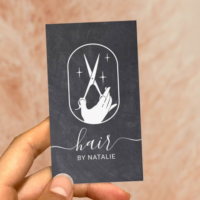 Hair Stylist Scissor Hand Logo Chalk Hairdresser Business Card (Creator Uploaded)
