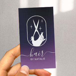 Hair Stylist Scissor Hand Logo Deep Purple Salon Business Card