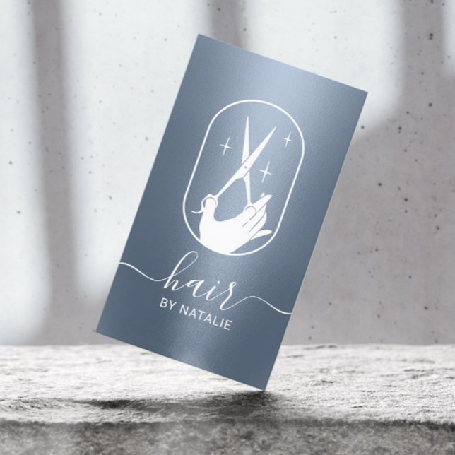 Hair Stylist Scissor Hand Logo Dusty Blue Salon Business Card (Creator Uploaded)