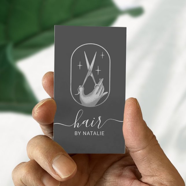 Hair Stylist Scissor & Hand Logo Elegant Grey Business Card (Creator Uploaded)