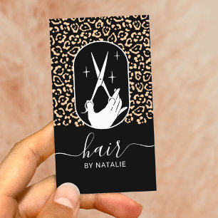 Hair Stylist Scissor & Hand Logo Leopard Salon Business Card
