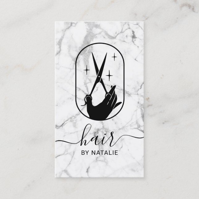 Hair Stylist Scissor Hand Logo Marble Beauty Salon Business Card (Front)
