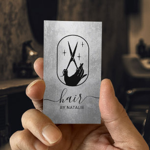 Hair Stylist Scissor Hand Logo Modern Silver Salon Business Card