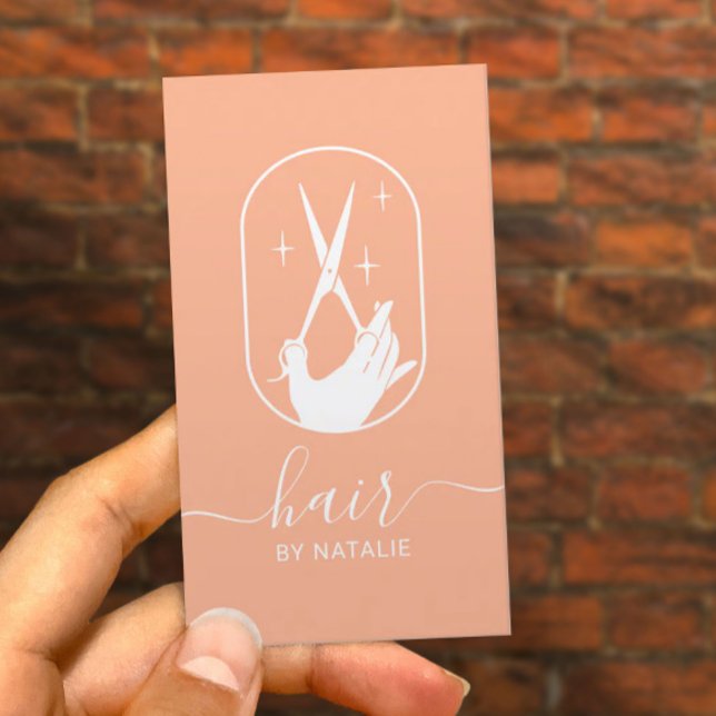 Hair Stylist Scissor & Hand Logo Salon Cute Peach Business Card (Creator Uploaded)