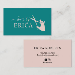 Hair Stylist Scissor & Hand Teal & Blush Pink Business Card