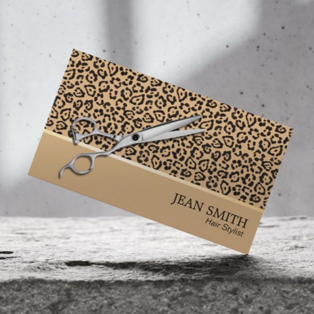 Hair Stylist Scissor Modern Beige Leopard Salon Business Card (Creator Uploaded)