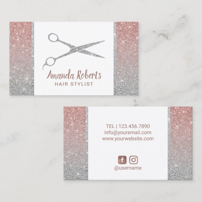 Hair Stylist Scissor Rose Gold & Silver Glitter Business Card (Front/Back)