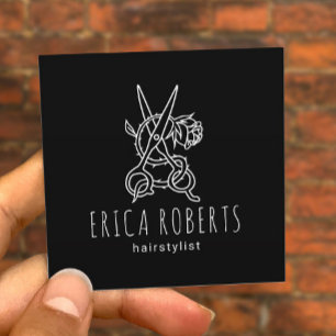 Hair Stylist Scissor Rose Logo Black Beauty Salon Square Business Card