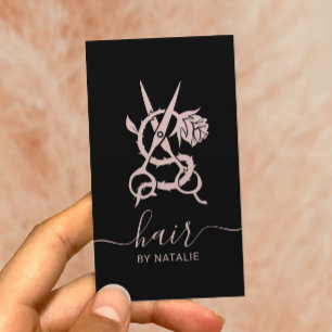 Hair Stylist Scissor Rose Logo Elegant Black Pink Business Card